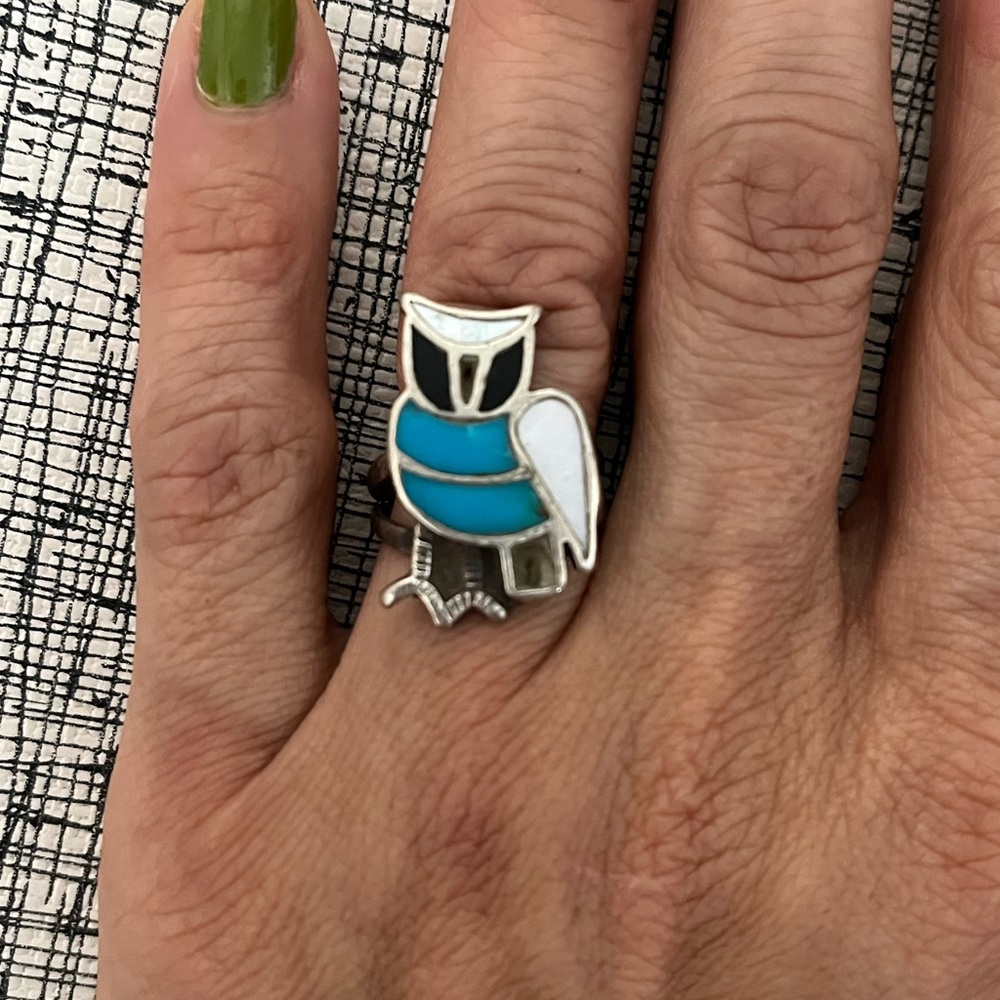 Turquoise and Mother of Pearl Silver Owl Ring